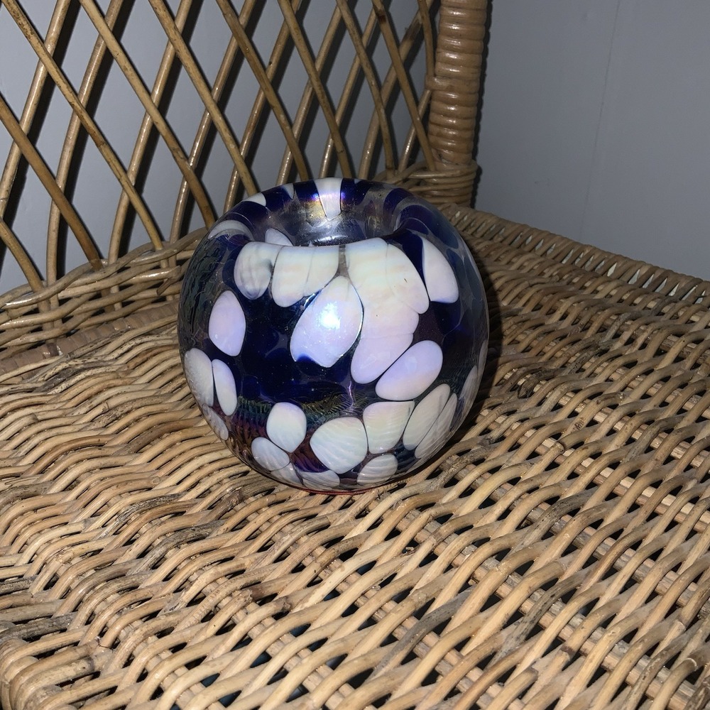 Art Glass CANDLE HOLDER Votive or‎ Tea Light MULTICOLOR 3" Tall Blue White Decor